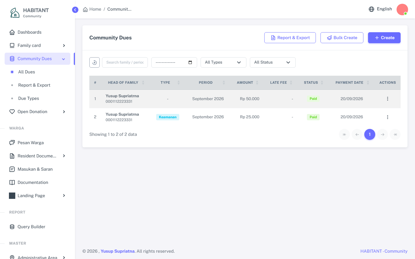 The community dues list with payment status and actions