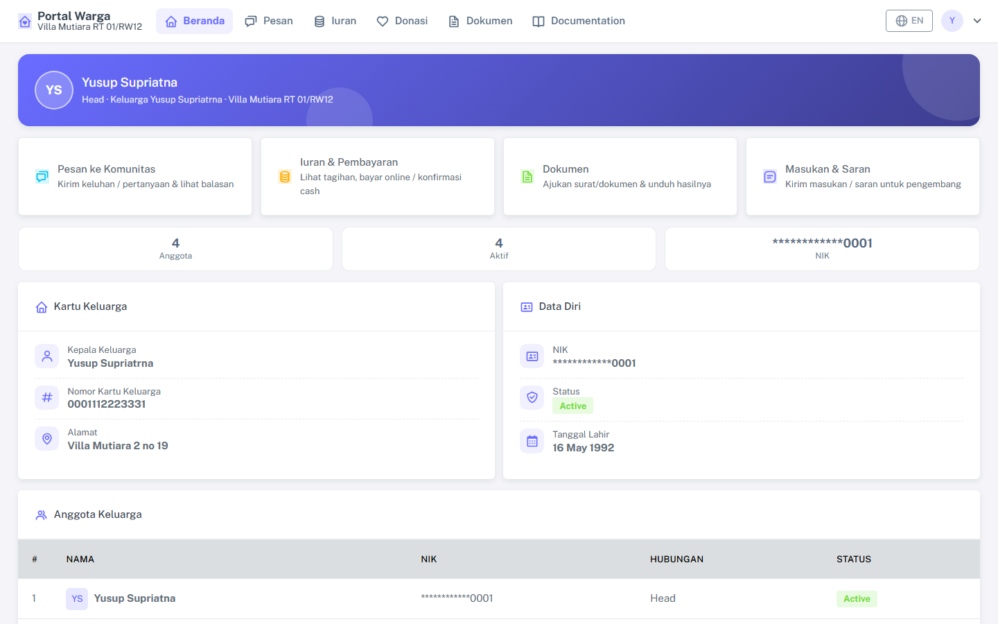 The resident portal home with a summary of personal data and family members